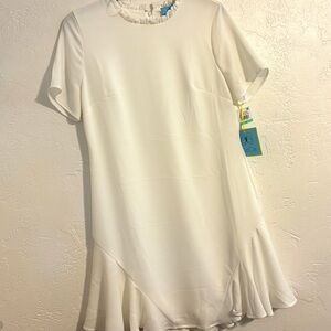CeCe Women's White Ruffle Hem and Neckline Dress